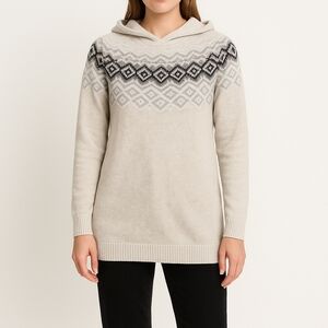 J. Jill Womens Cream Fair Isles Tunic Hoodie Size S Mature Preppy Winter Knit